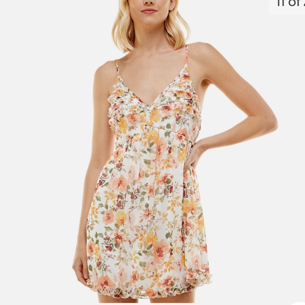 TRIXXI Womens Ruffled Spaghetti Strap V Neck Short Party Fit + Flare Dress